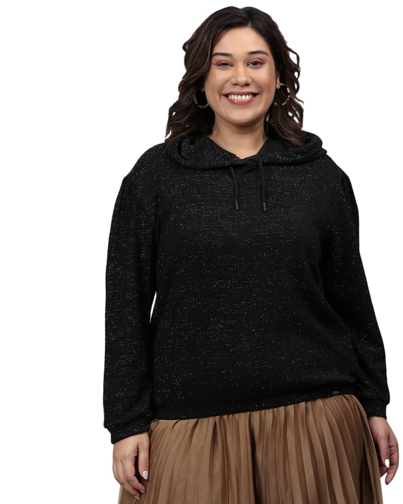 Front of a model wearing a size 3XL Solid Sweatshirt in Black by Instafab Plus. | dia_product_style_image_id:258205
